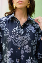 Black Floral Ikat Collared Shirt Dress