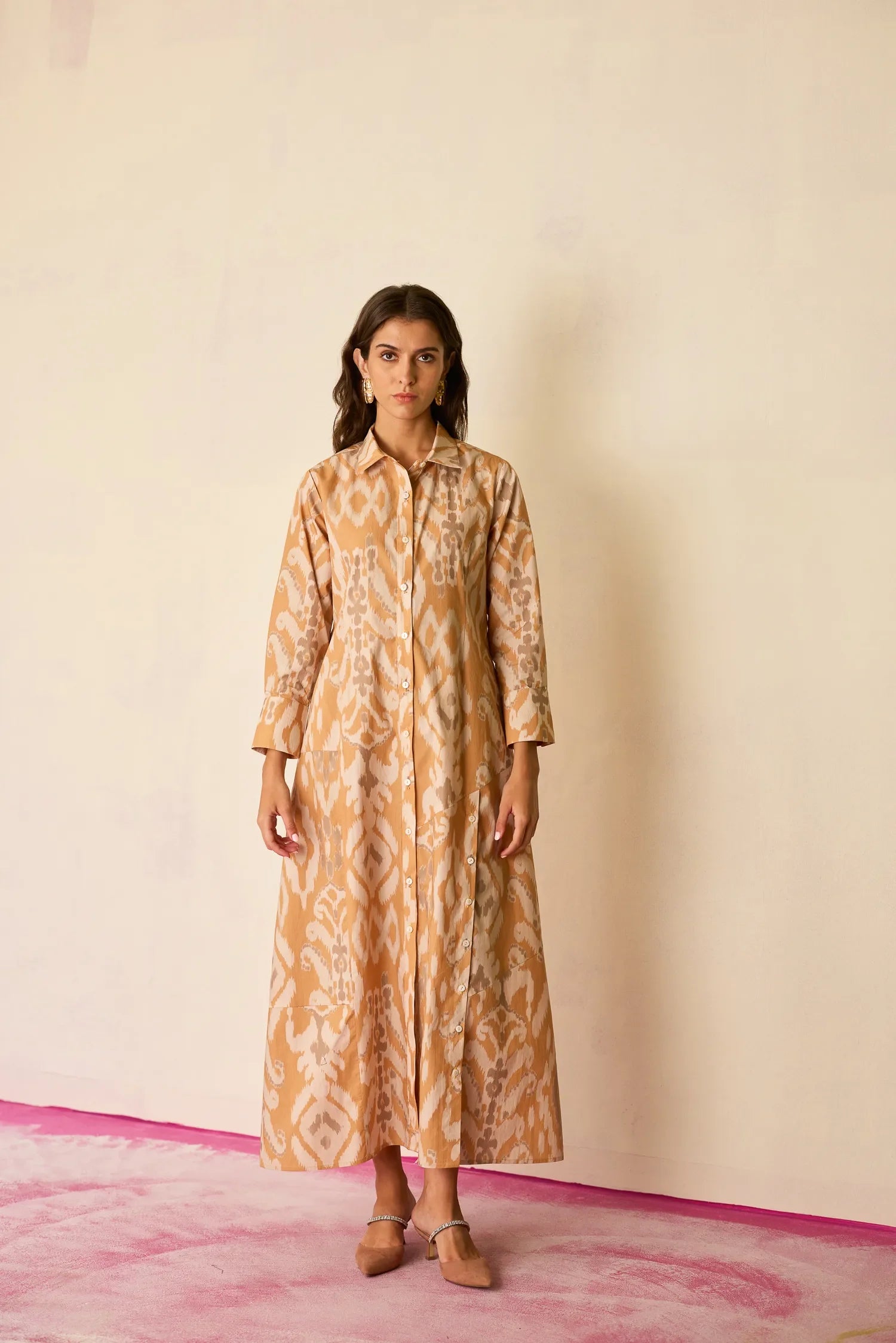 Sand Ikat Collared Shirt Dress