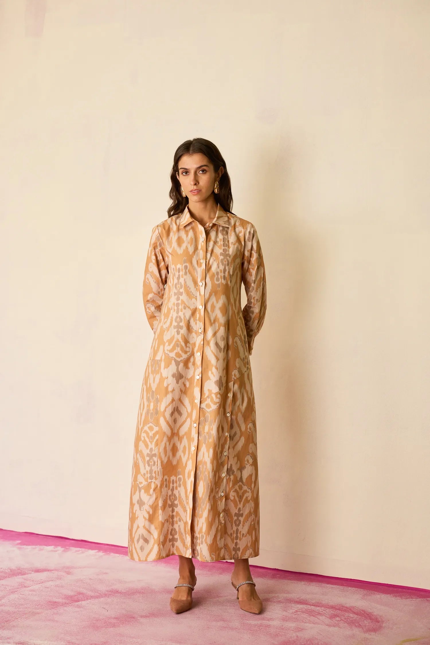 Sand Ikat Collared Shirt Dress