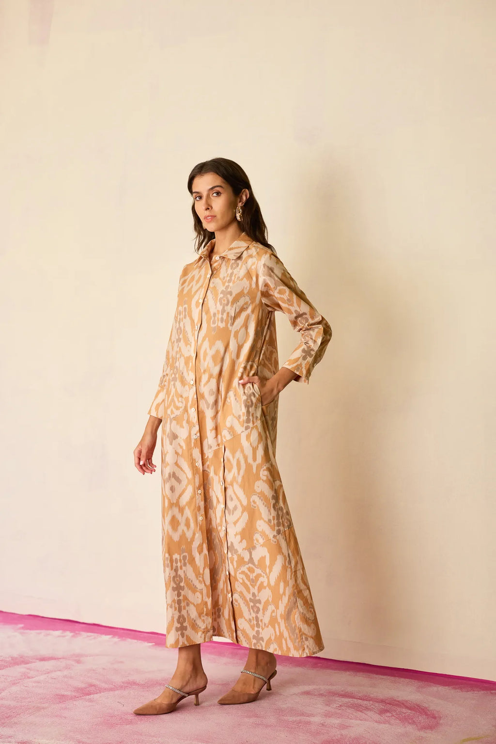 Sand Ikat Collared Shirt Dress