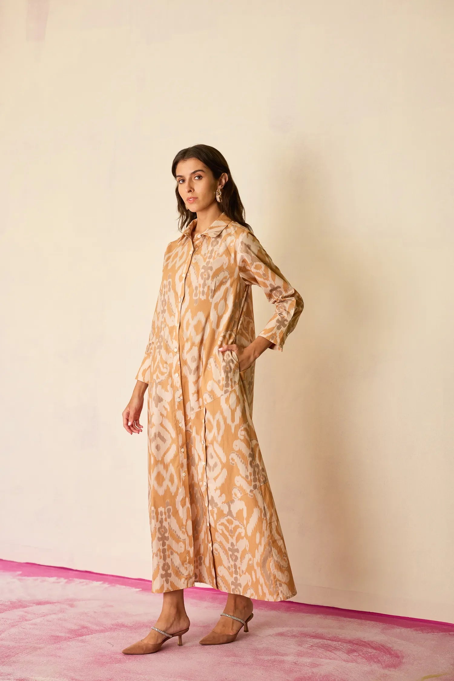 Sand Ikat Collared Shirt Dress
