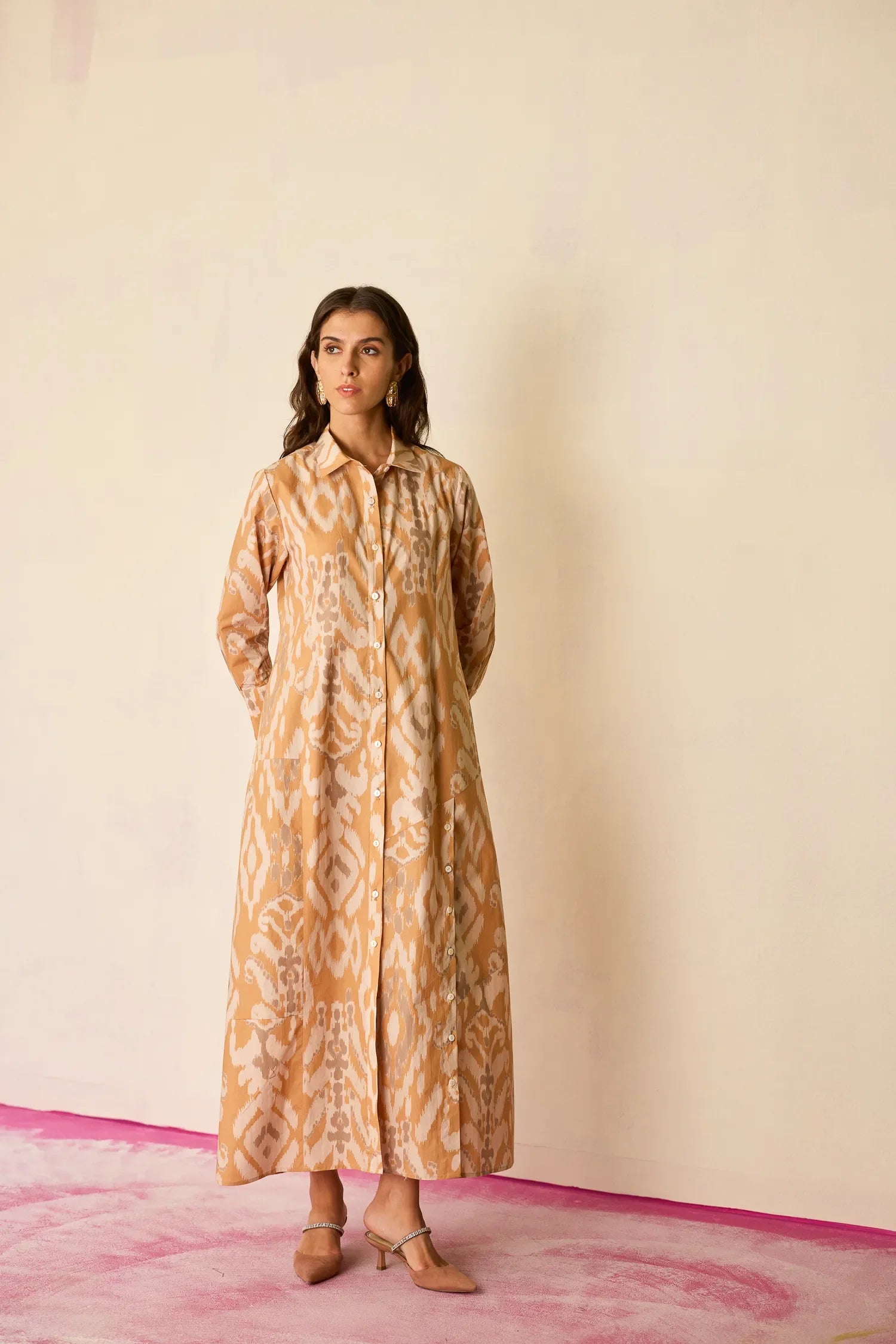 Sand Ikat Collared Shirt Dress