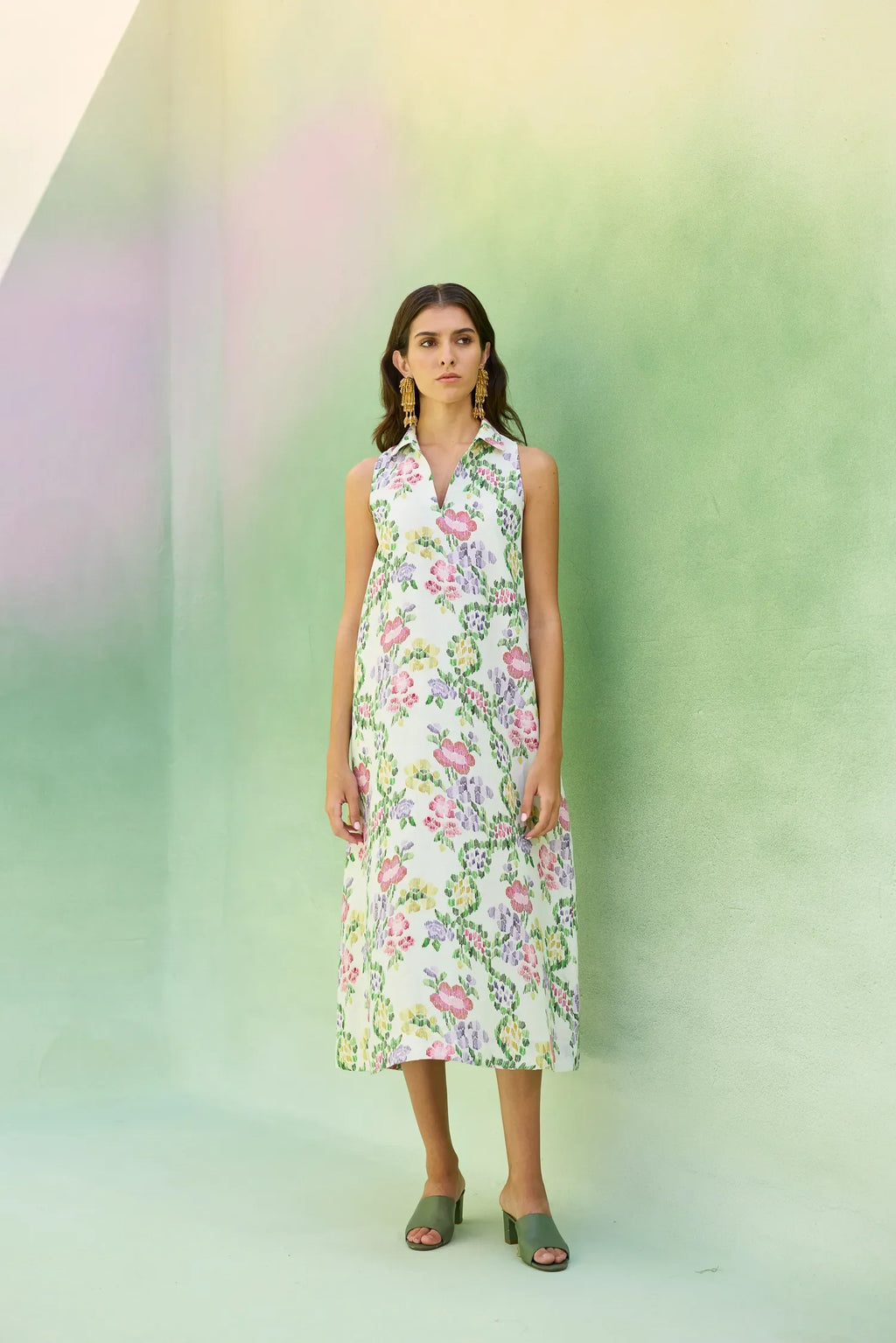 Ivory Floral Ikat Sleeveless Midi Dress