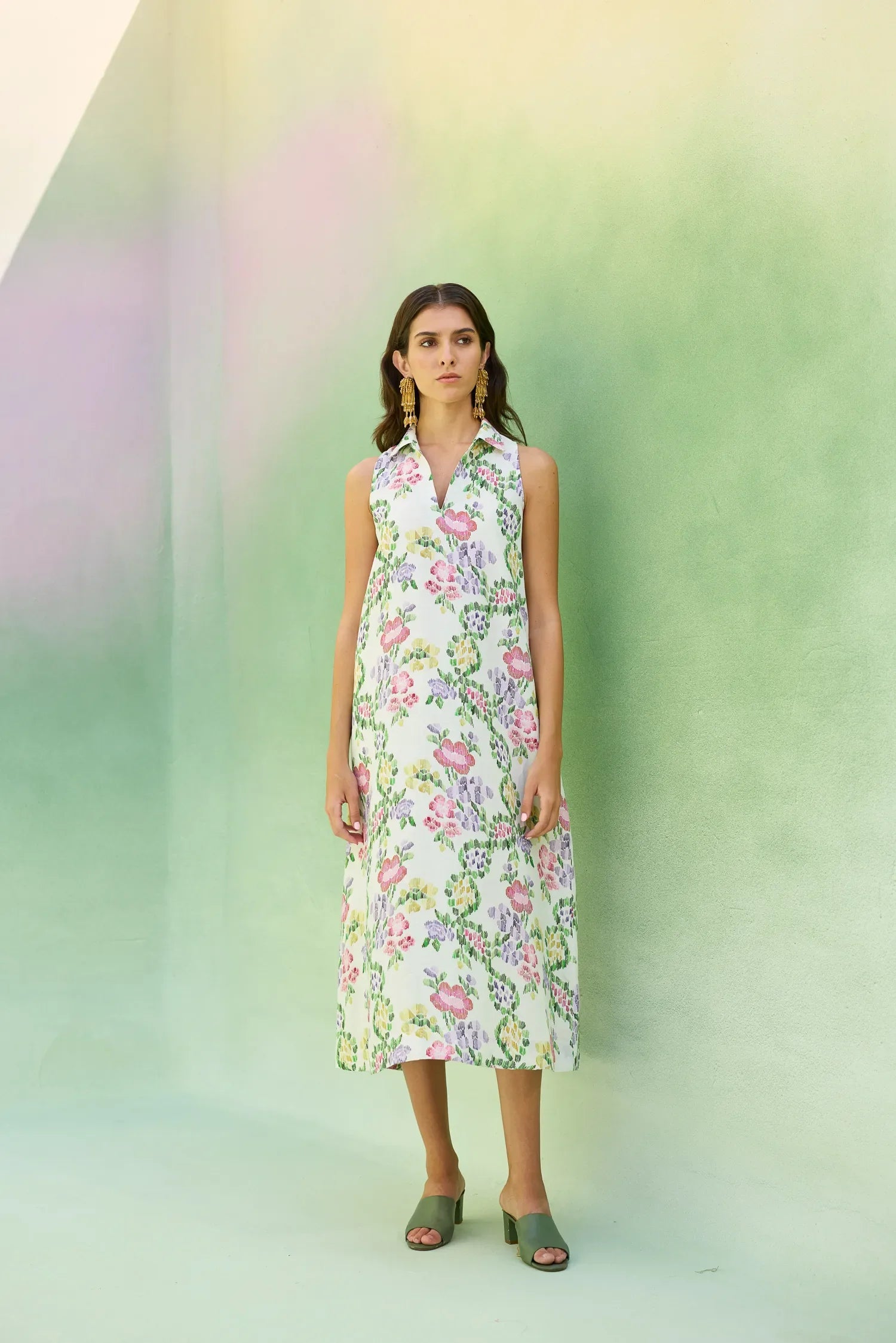 Ivory Floral Ikat Sleeveless Midi Dress