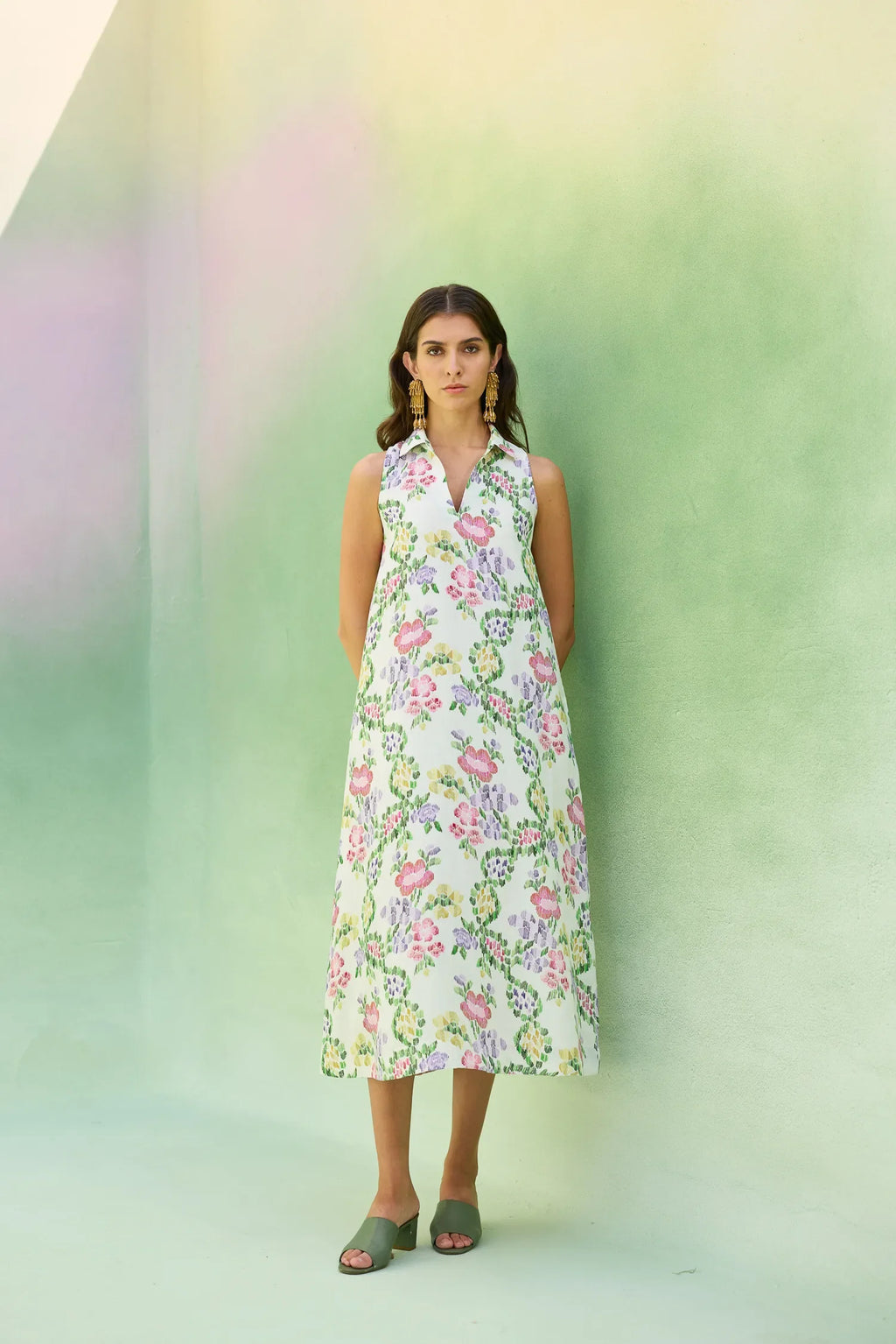 Ivory Floral Ikat Sleeveless Midi Dress