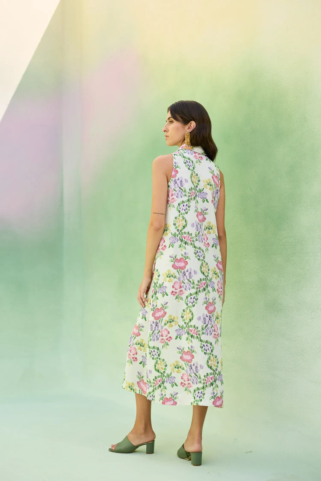 Ivory Floral Ikat Sleeveless Midi Dress
