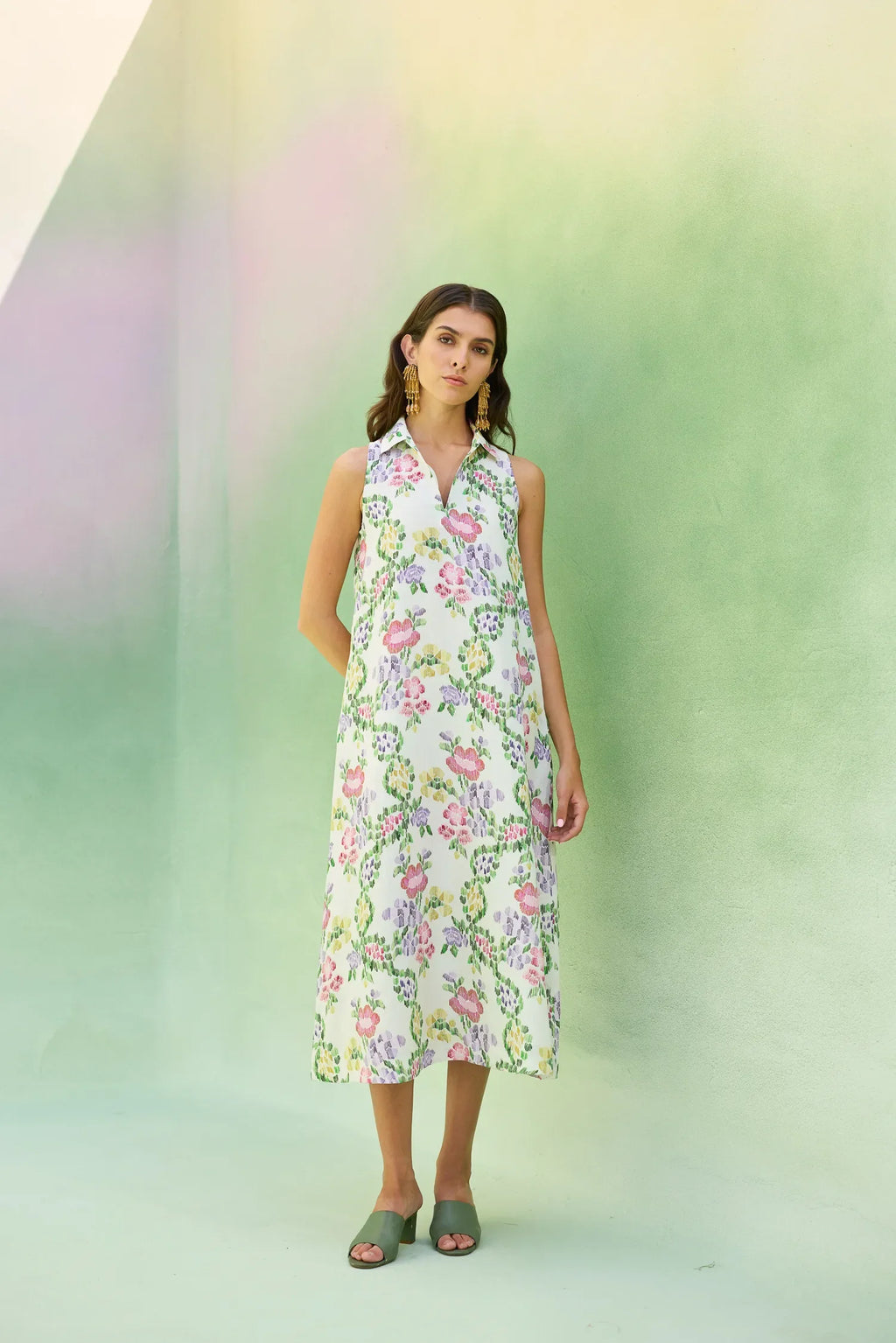 Ivory Floral Ikat Sleeveless Midi Dress