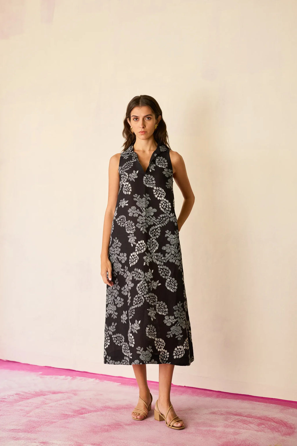 Black Floral Ikat Sleeveless Midi Dress