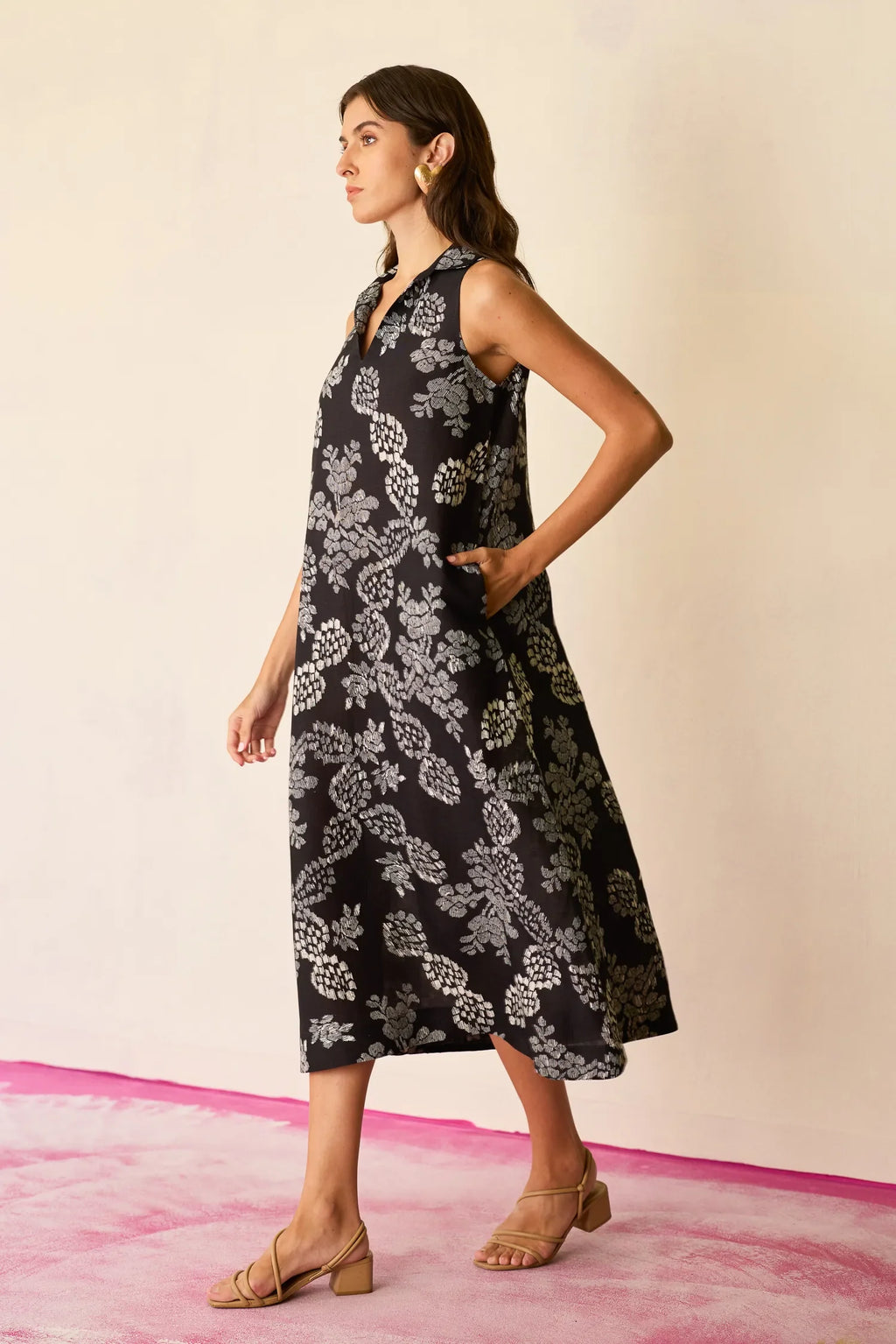 Black Floral Ikat Sleeveless Midi Dress