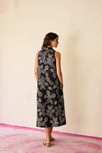 Black Floral Ikat Sleeveless Midi Dress