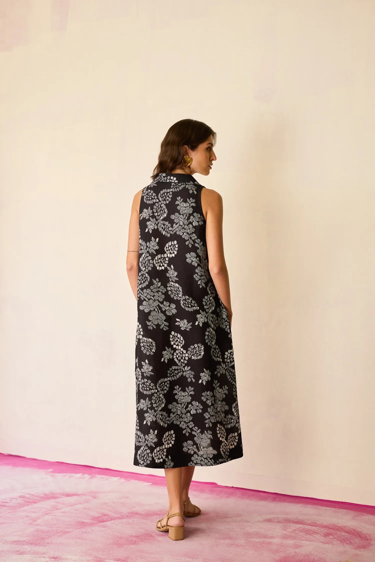 Black Floral Ikat Sleeveless Midi Dress