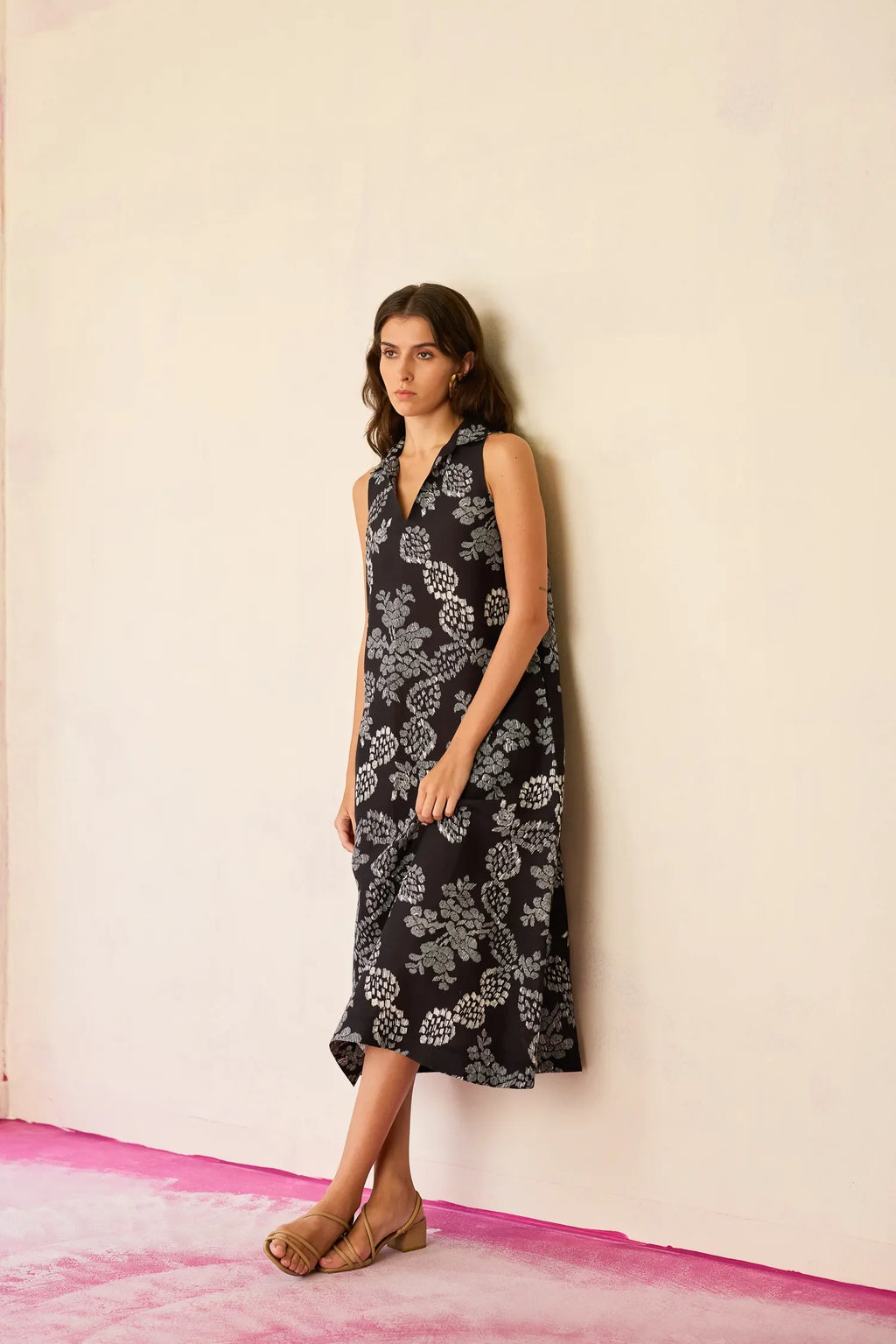 Black Floral Ikat Sleeveless Midi Dress