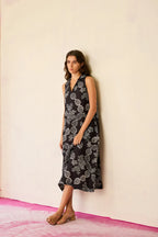 Black Floral Ikat Sleeveless Midi Dress