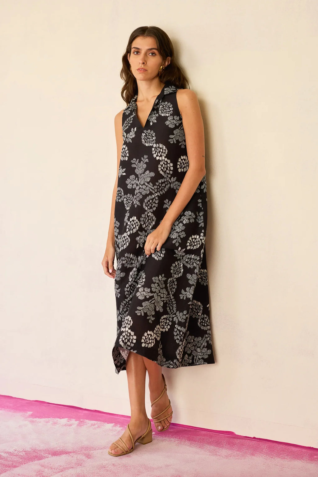 Black Floral Ikat Sleeveless Midi Dress