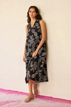 Black Floral Ikat Sleeveless Midi Dress