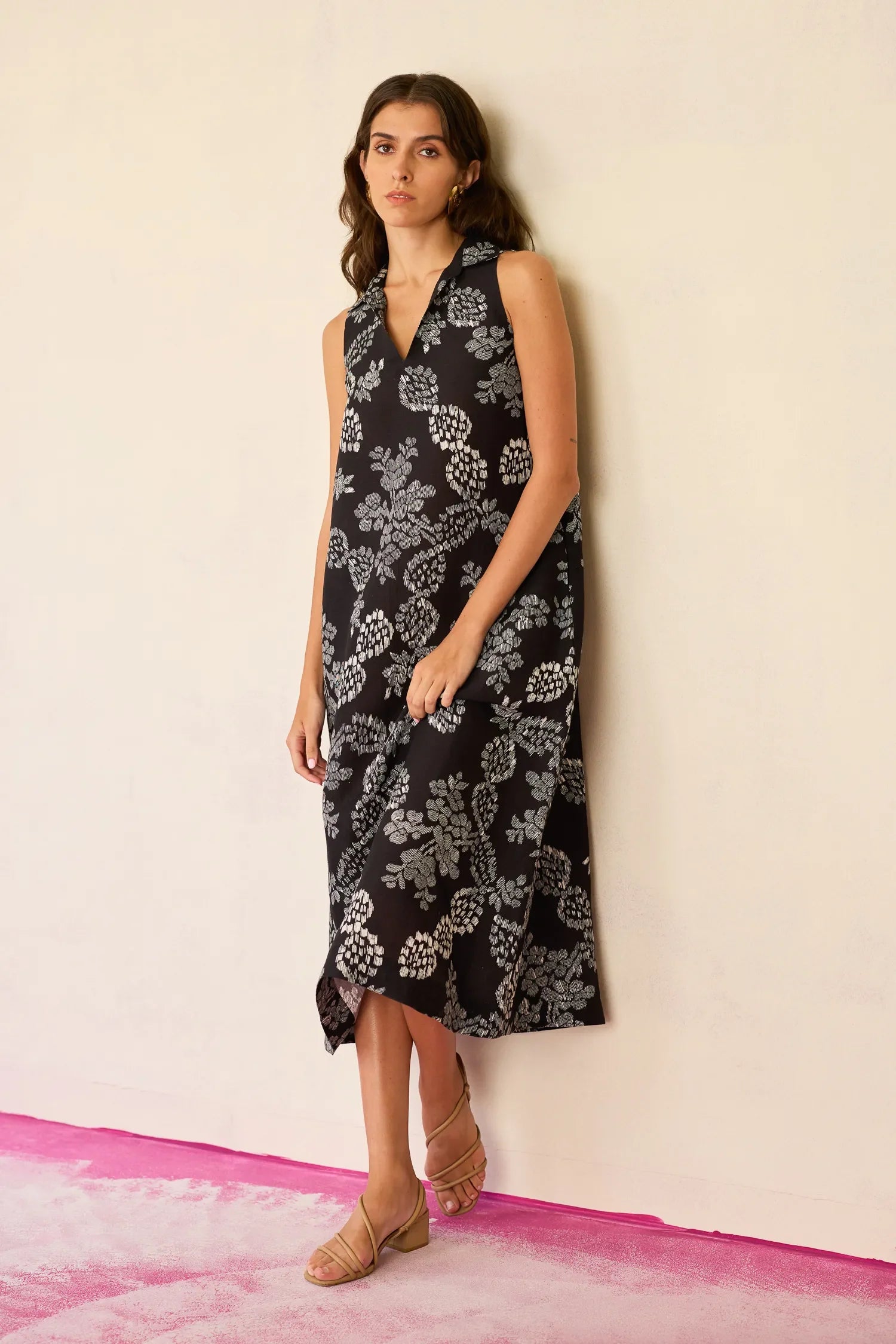 Black Floral Ikat Sleeveless Midi Dress