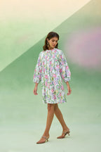 Ivory Floral Ikat Smocked Shirt Dress
