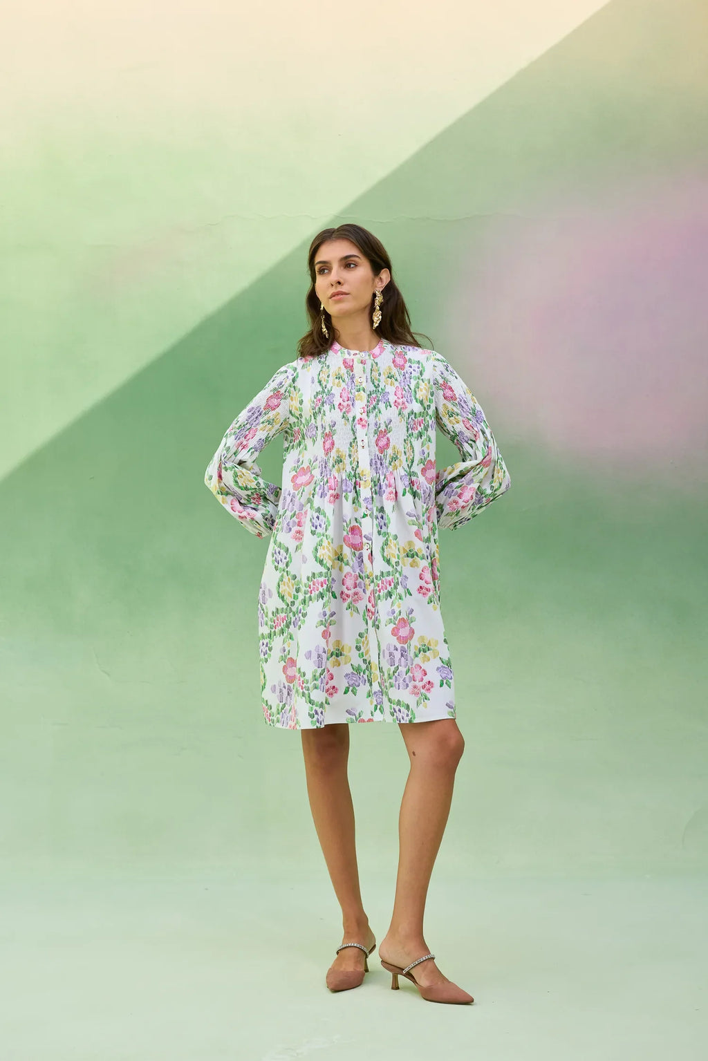 Ivory Floral Ikat Smocked Shirt Dress
