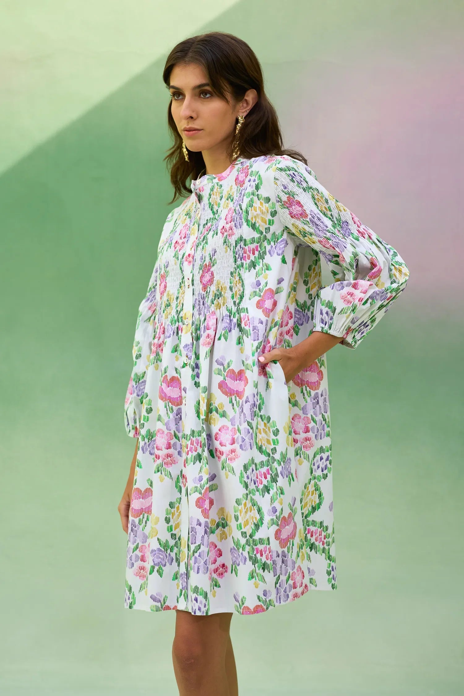 Ivory Floral Ikat Smocked Shirt Dress