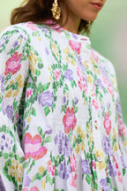 Ivory Floral Ikat Smocked Shirt Dress