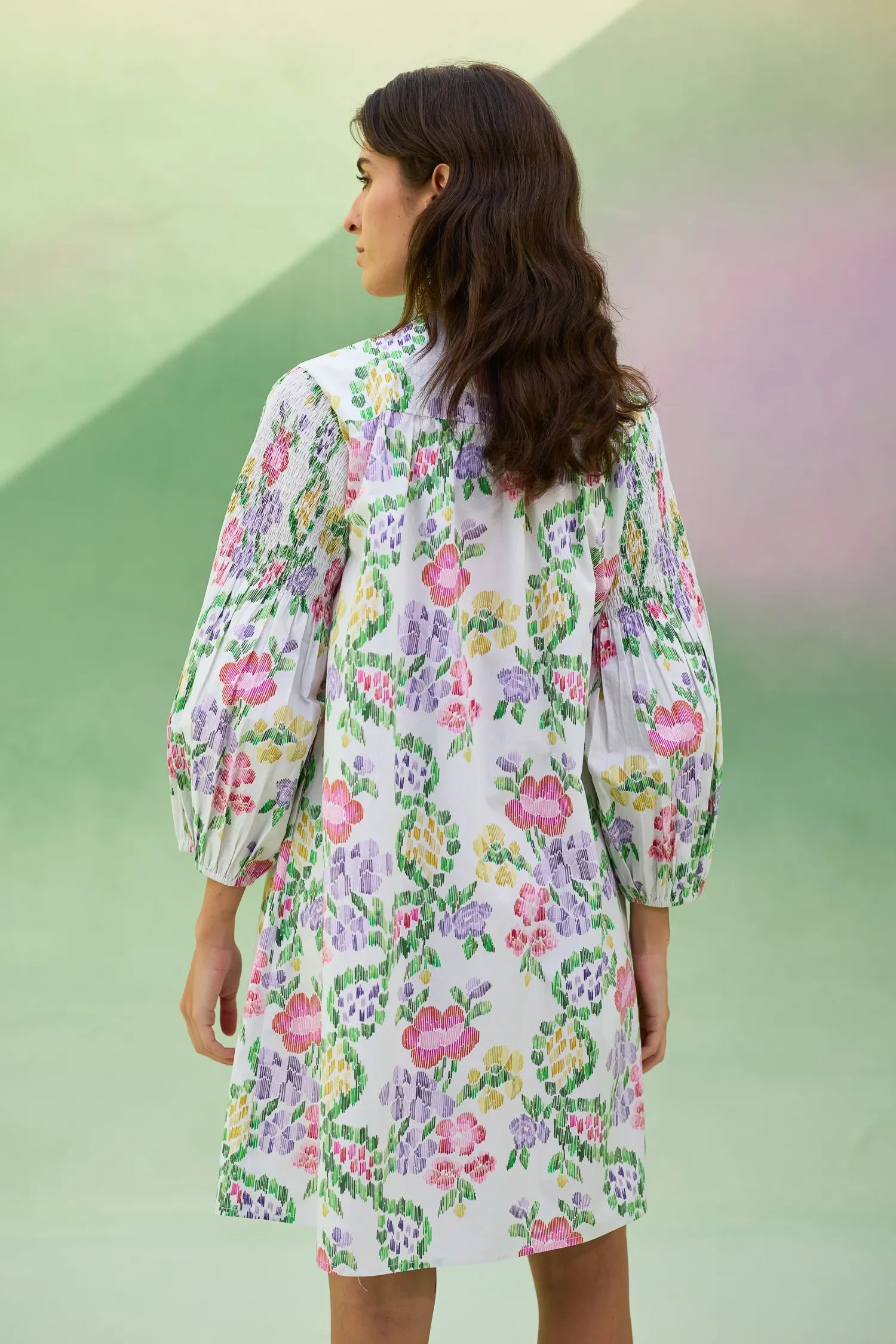 Ivory Floral Ikat Smocked Shirt Dress