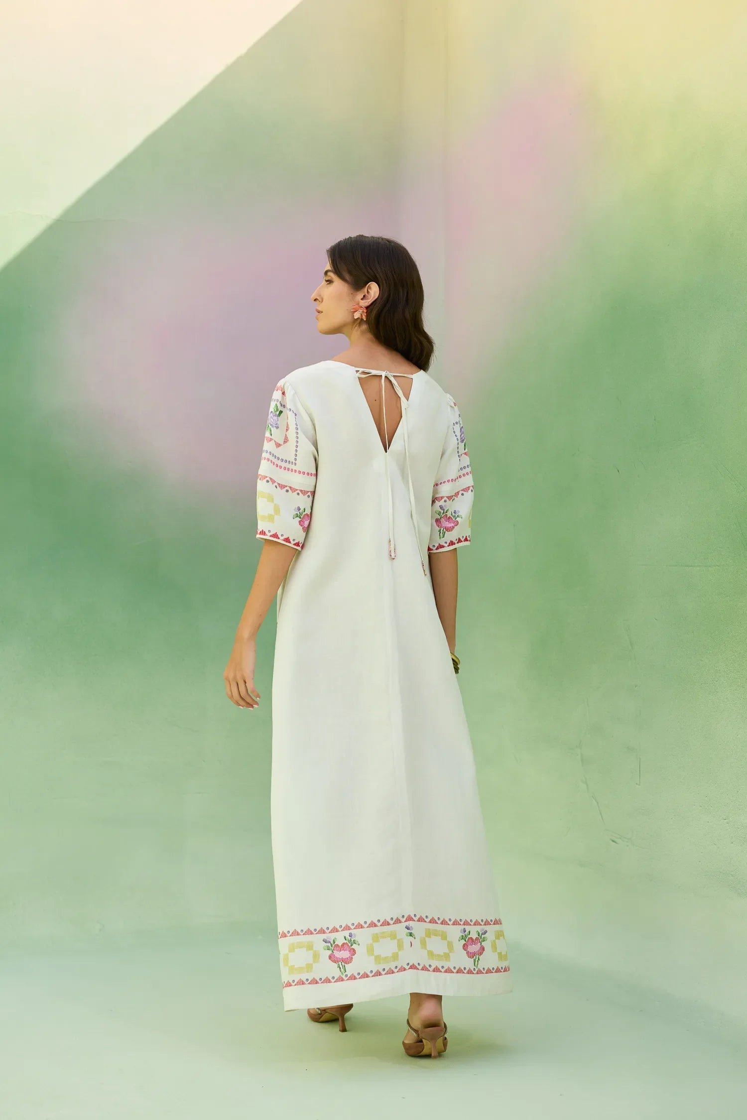 Ivory Floral Ikat V-Neck Maxi Dress