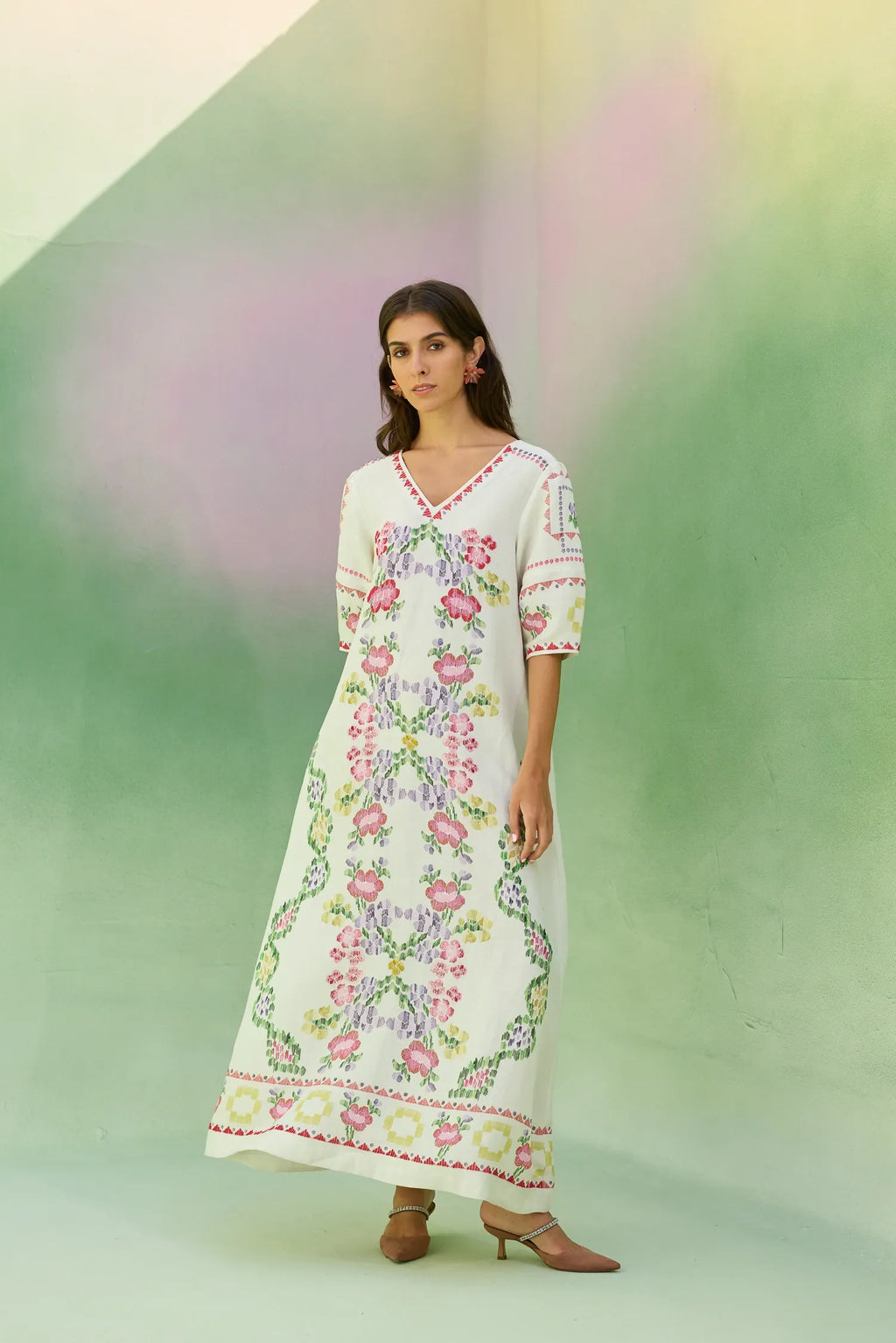 Ivory Floral Ikat V-Neck Maxi Dress