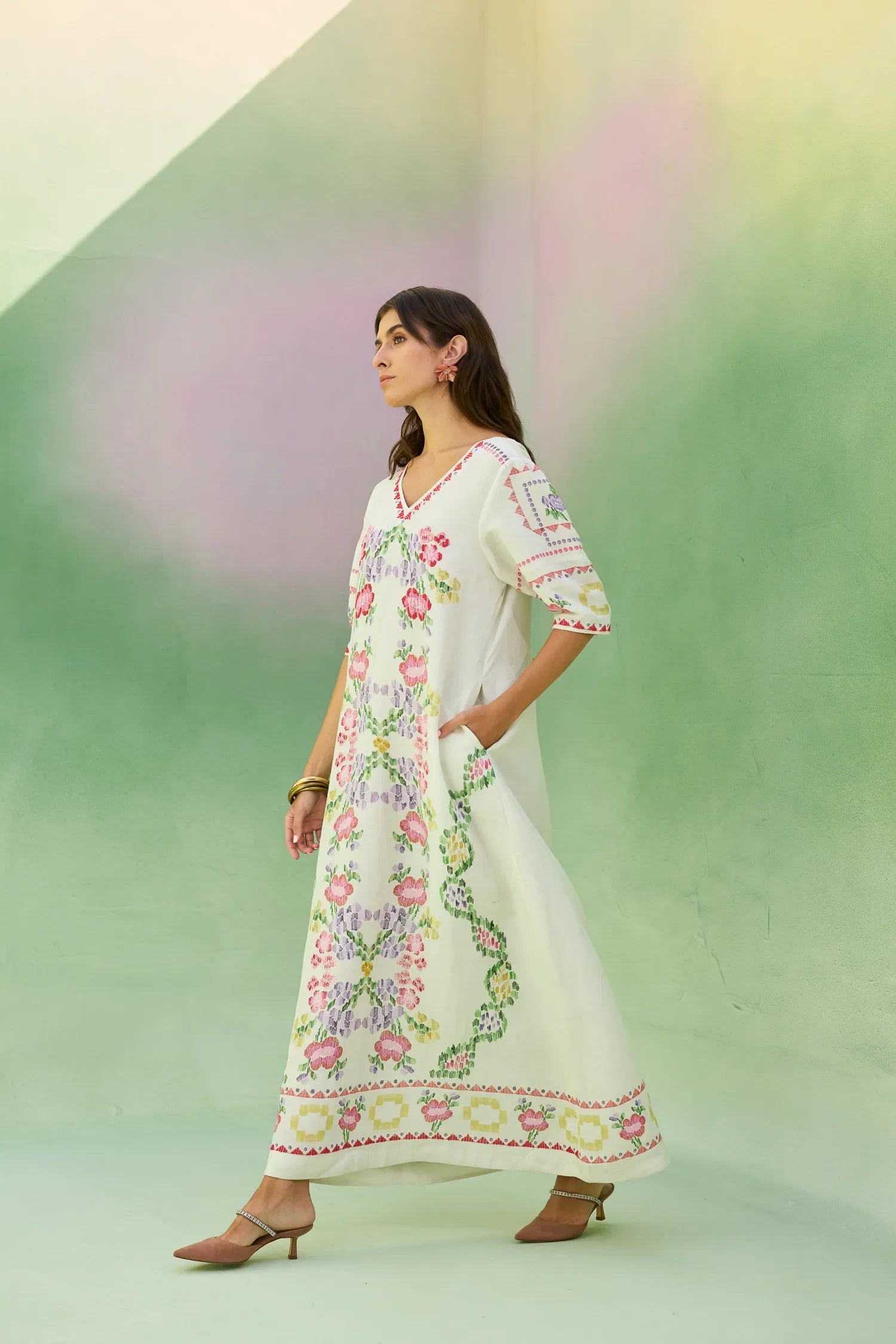 Ivory Floral Ikat V-Neck Maxi Dress