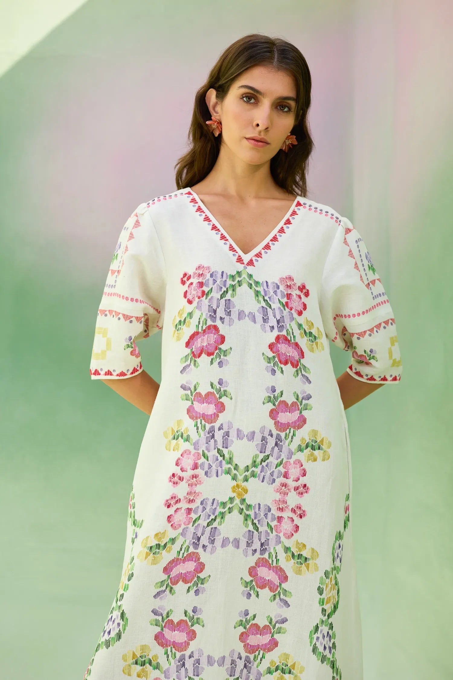 Ivory Floral Ikat V-Neck Maxi Dress
