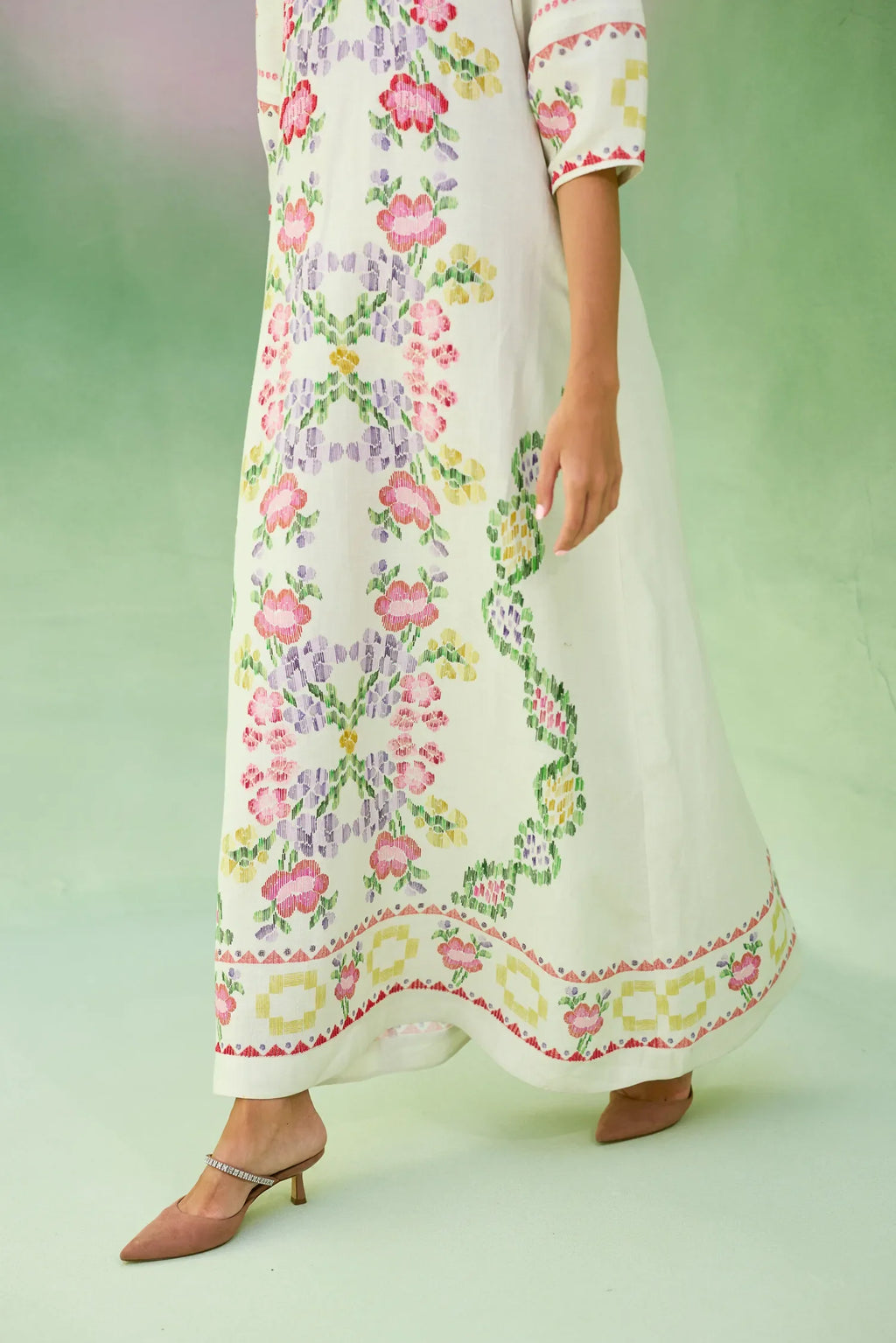 Ivory Floral Ikat V-Neck Maxi Dress