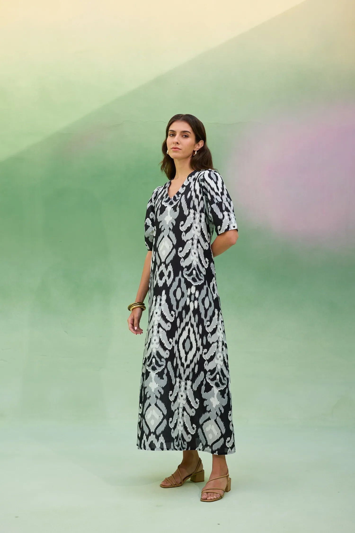 Black Ikat V-Neck Maxi Dress