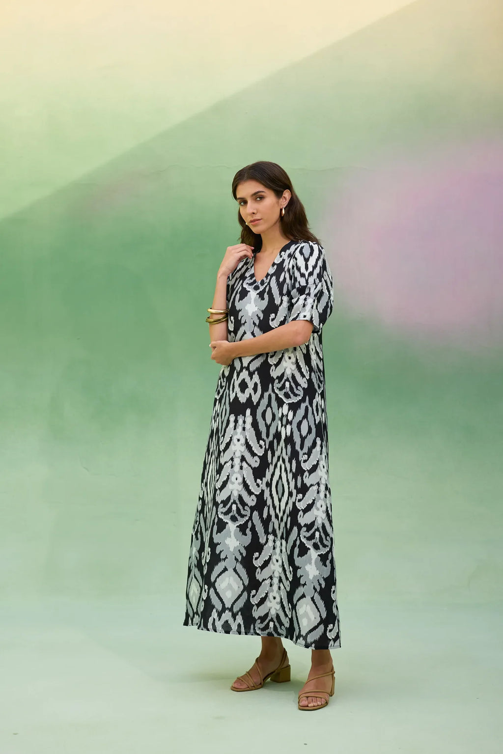 Black Ikat V-Neck Maxi Dress