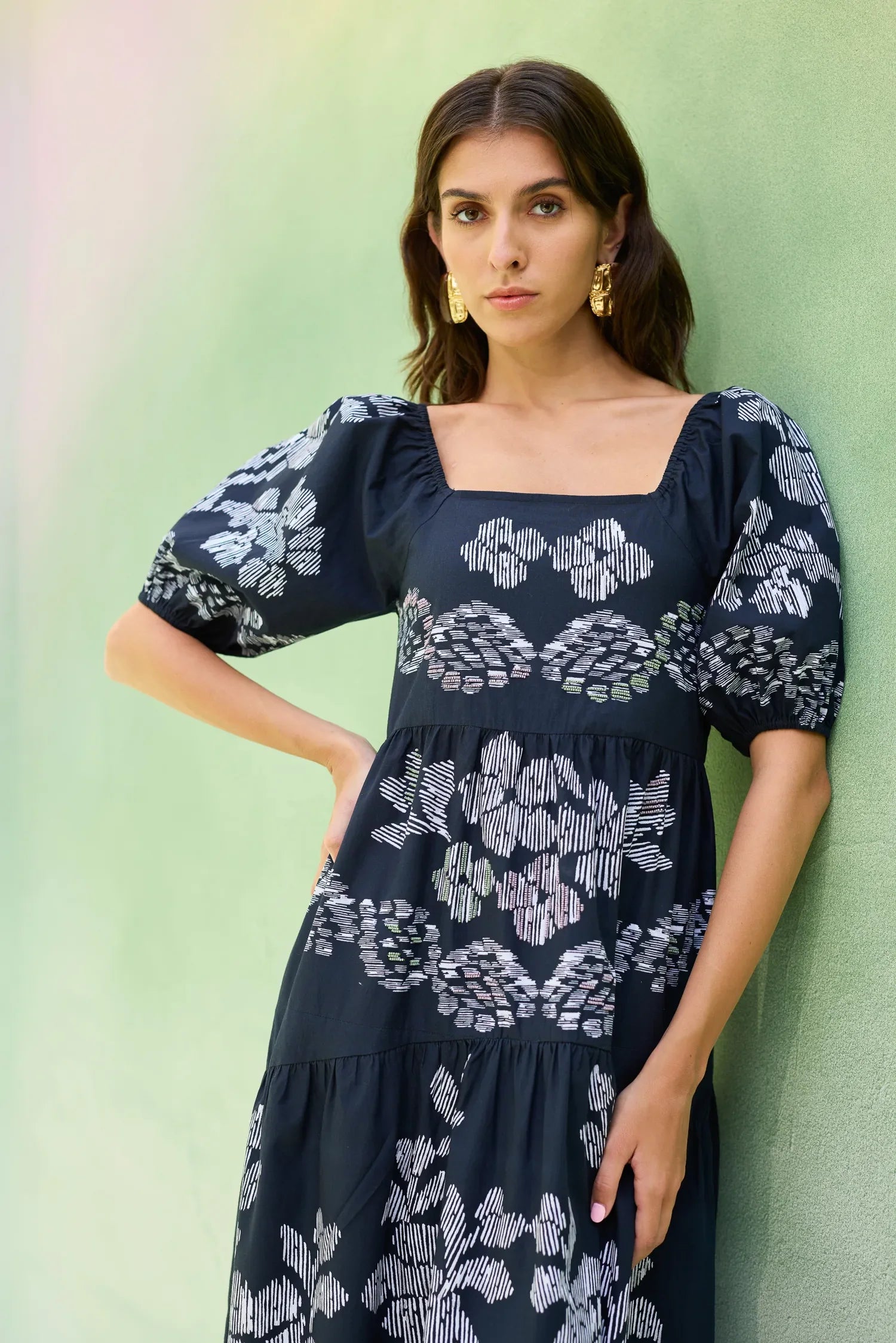 Black Floral Ikat Smocked Maxi Dress cloud9design Black Floral Ikat Smocked Maxi Dress cloud9design