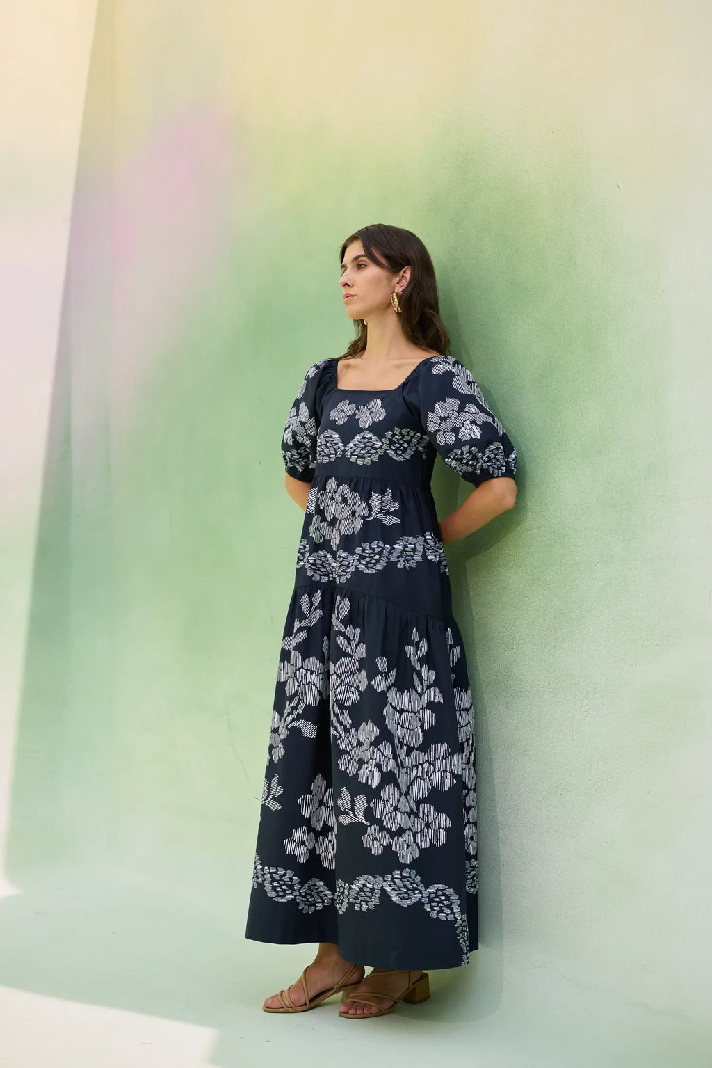 Black Floral Ikat Smocked Maxi Dress