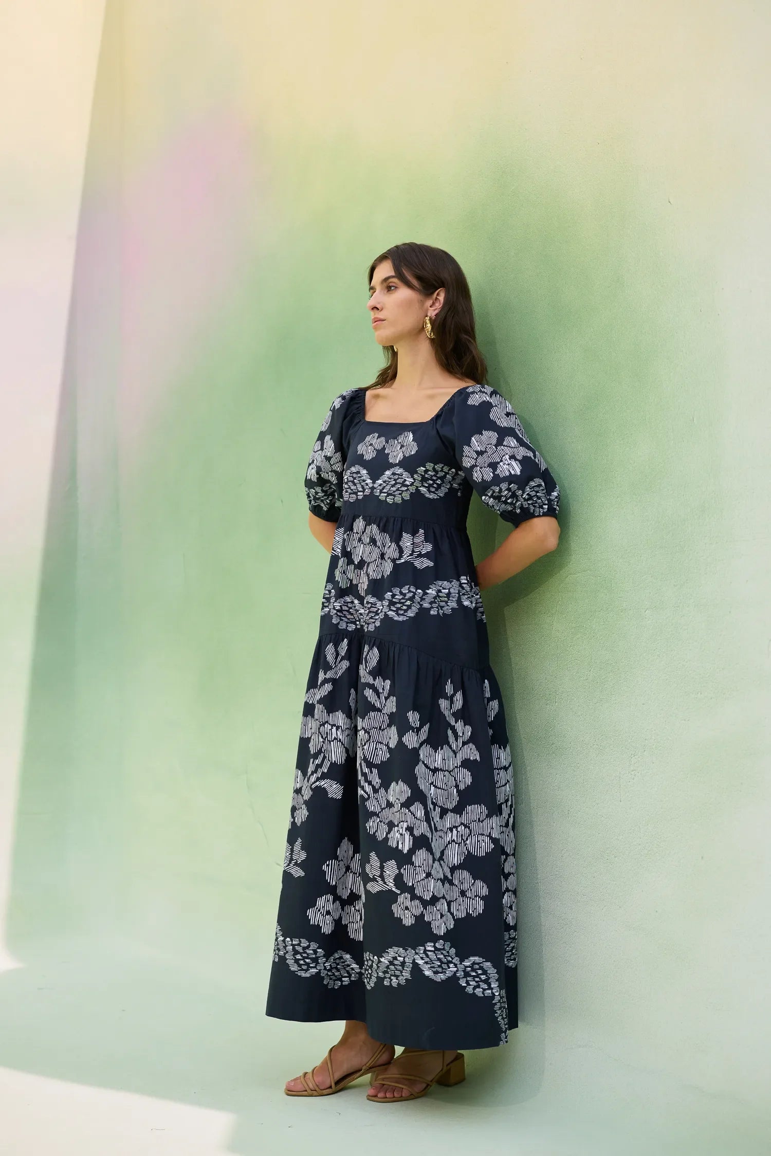 Black Floral Ikat Smocked Maxi Dress