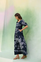 Black Floral Ikat Smocked Maxi Dress