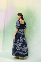 Black Floral Ikat Smocked Maxi Dress