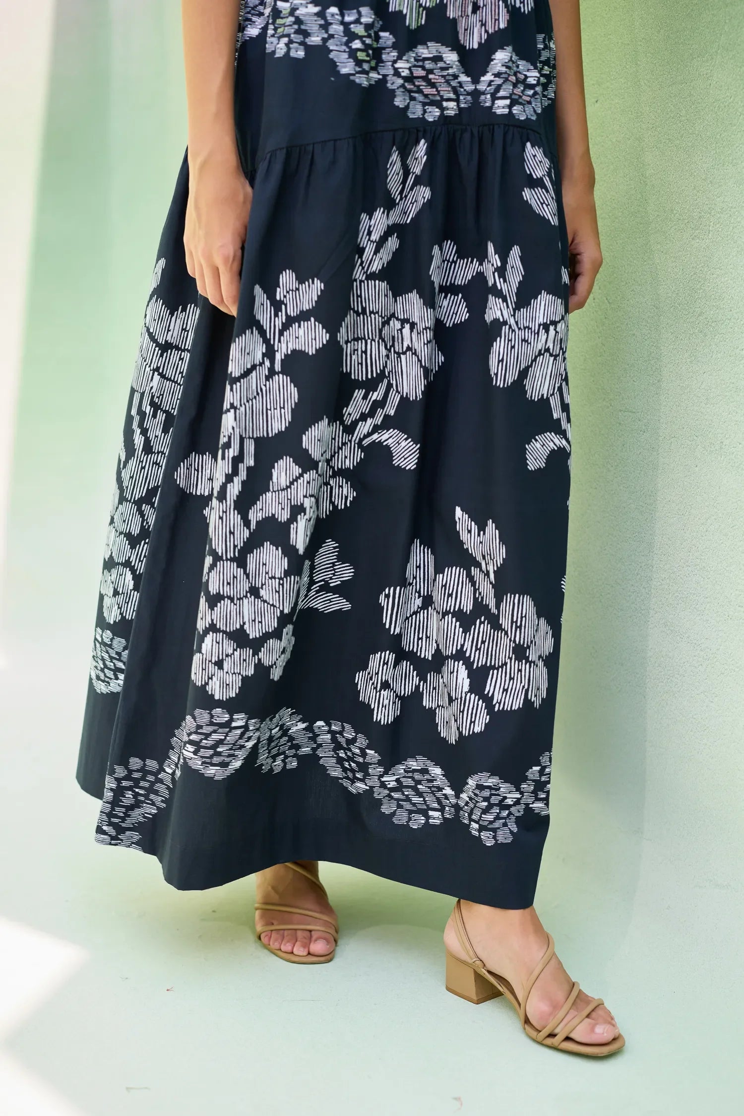 Black Floral Ikat Smocked Maxi Dress
