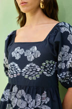 Black Floral Ikat Smocked Maxi Dress