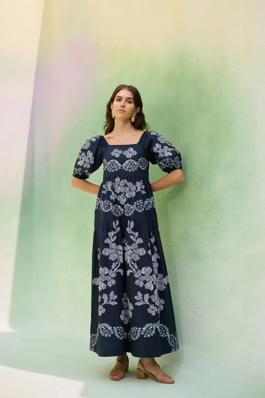 Black Floral Ikat Smocked Maxi Dress