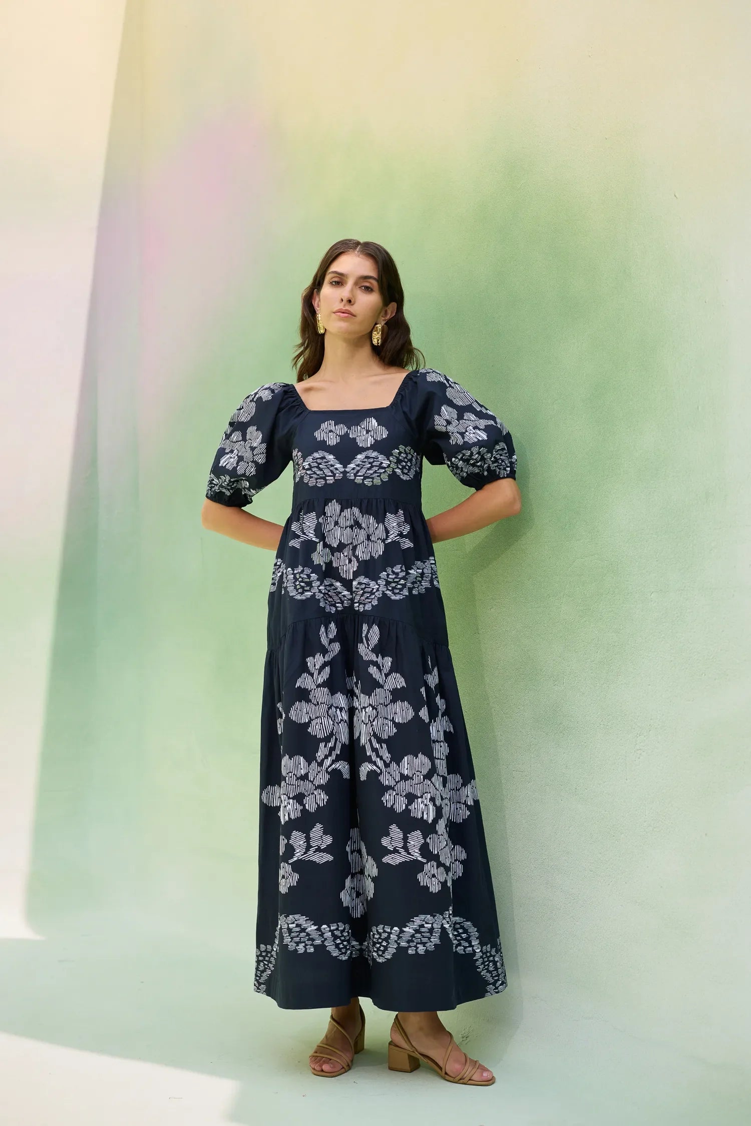 Black Floral Ikat Smocked Maxi Dress