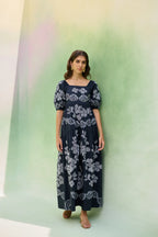 Black Floral Ikat Smocked Maxi Dress