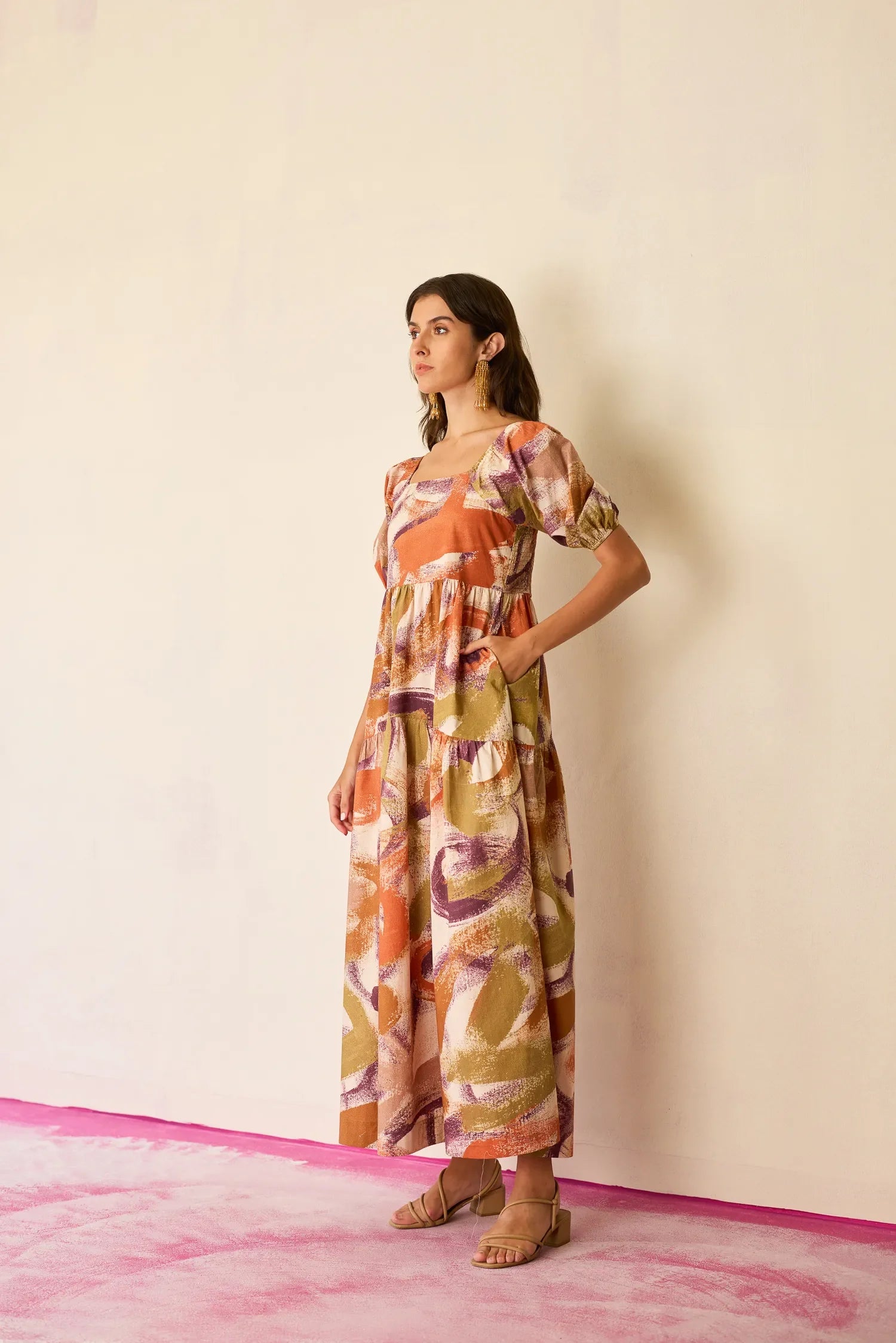 Brushstroke Smocked Maxi Dress
