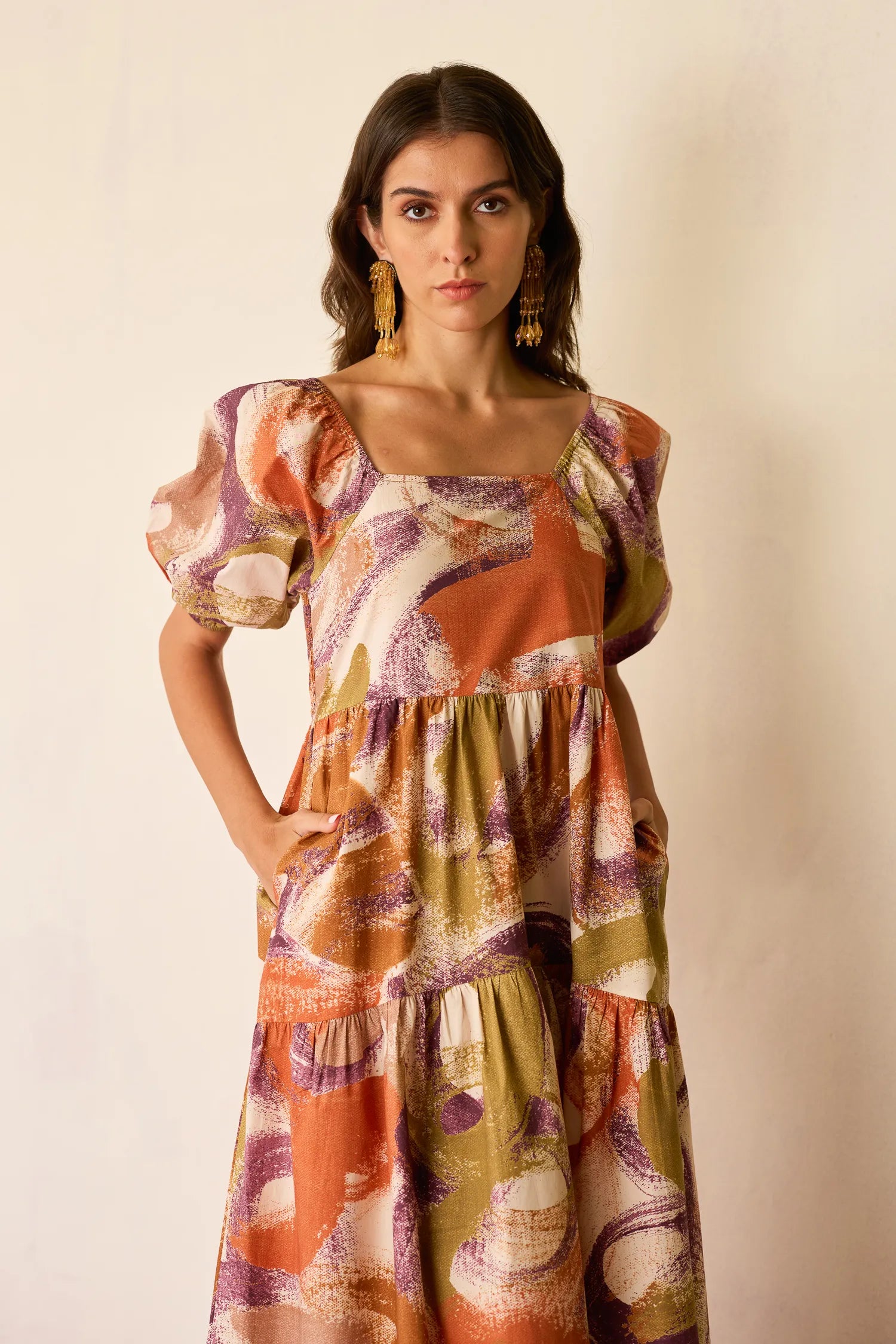 Brushstroke Smocked Maxi Dress