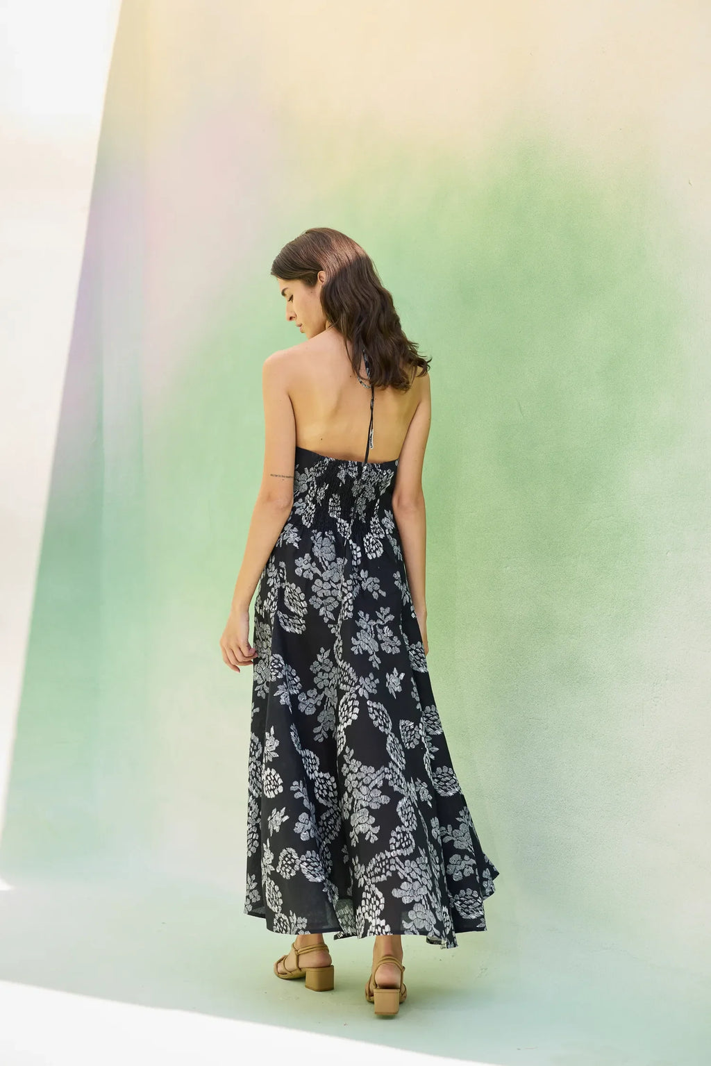 Black Floral Ikat Halter Neck Maxi Dress