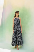 Black Floral Ikat Halter Neck Maxi Dress