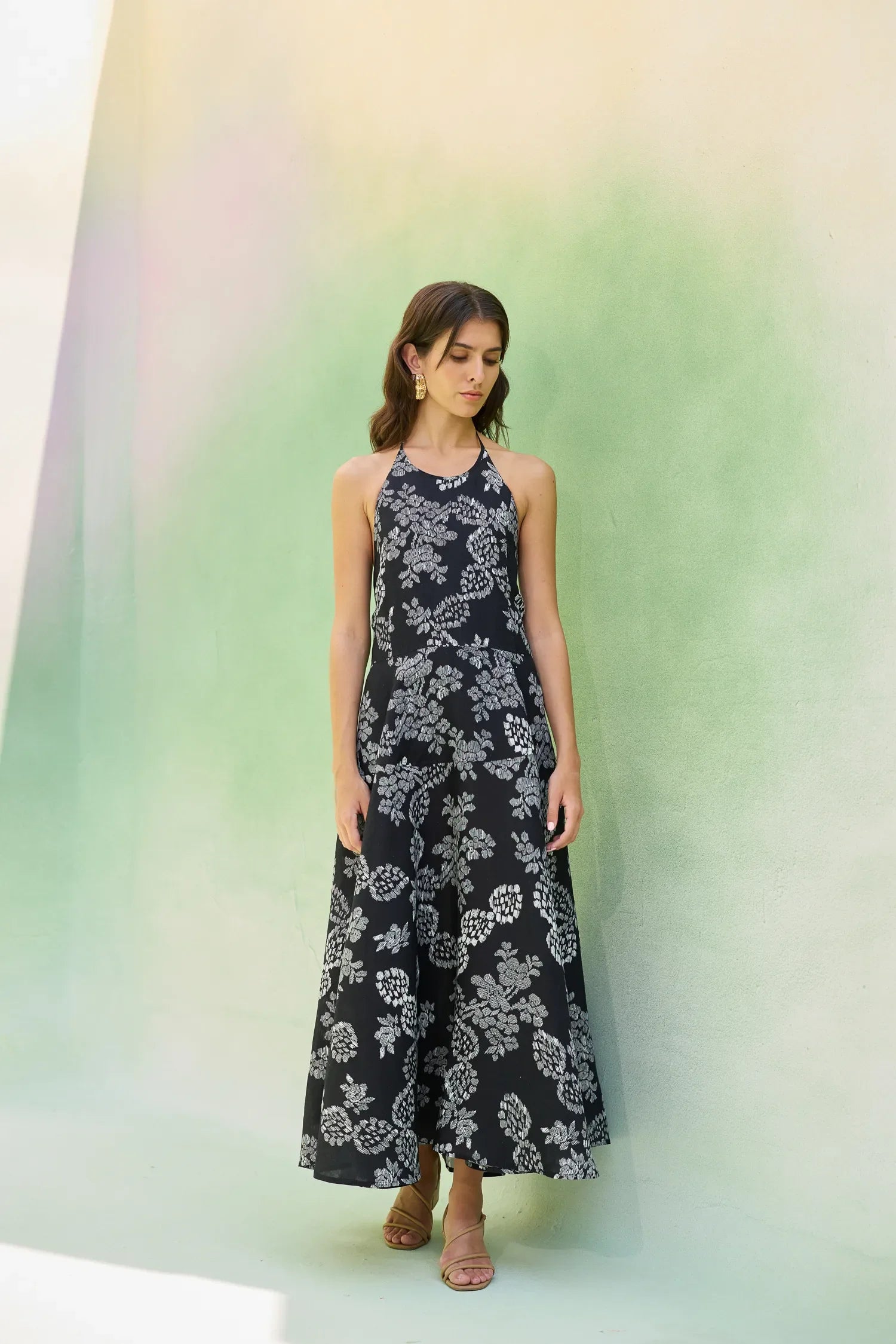 Black Floral Ikat Halter Neck Maxi Dress