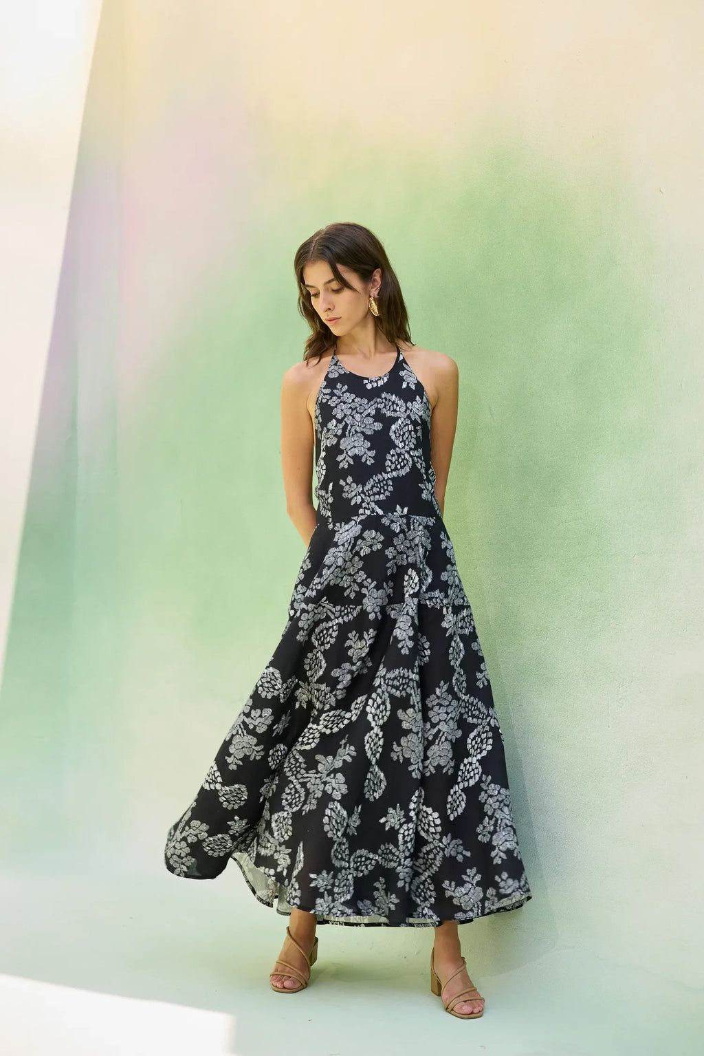 Black Floral Ikat Halter Neck Maxi Dress