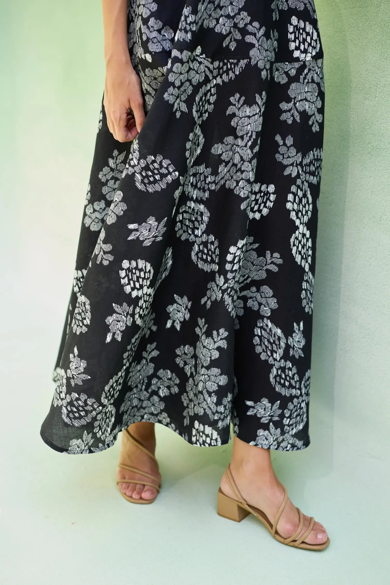 Black Floral Ikat Halter Neck Maxi Dress