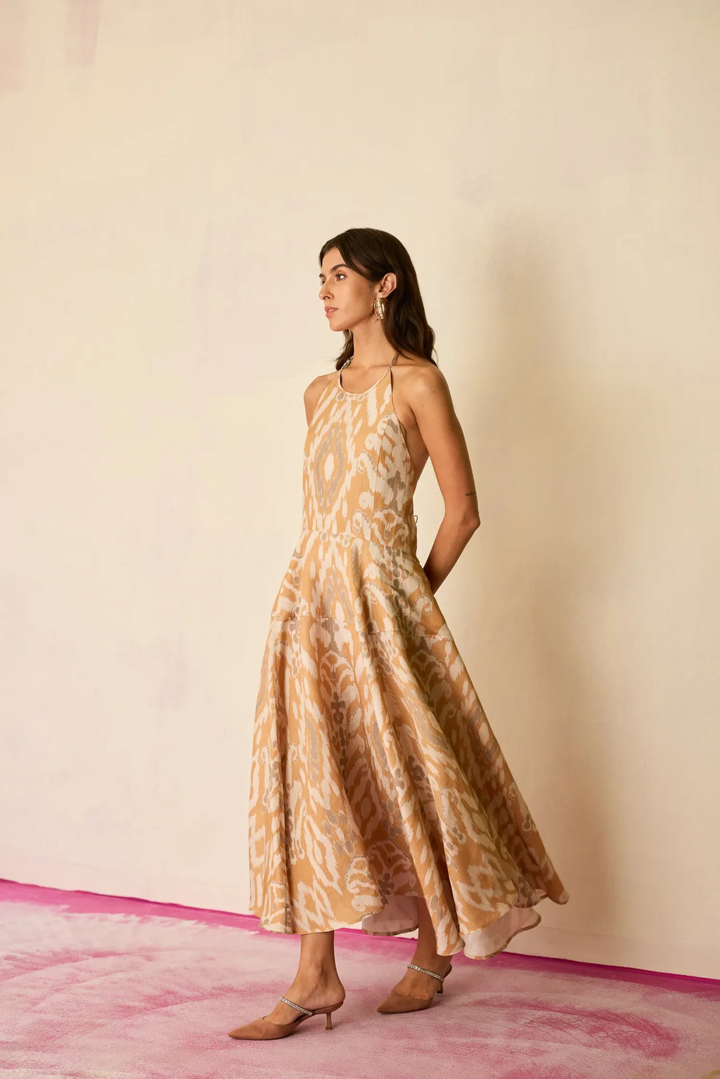 Sand Ikat Halter Neck Maxi Dress